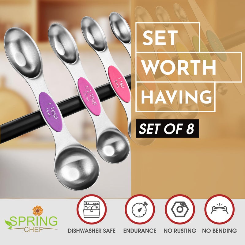 Spring Chef Stainless Steel Magnetic Measuring Spoons Set of 8 with Leveler, Nesting Metal Teaspoon & Tablespoon Measuring Spoons, Kitchen Gadgets for Baking & Cooking, Fits in Most Spice Jars - Neon - Image 2