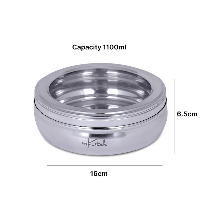 inKitch Stainless Steel Belly Shape Flat Canisters Puri Dabba Storage Containers Multipurpose ContainerOrganizer with See Through Lid 16cm Dia 11 Ltr - Image 3