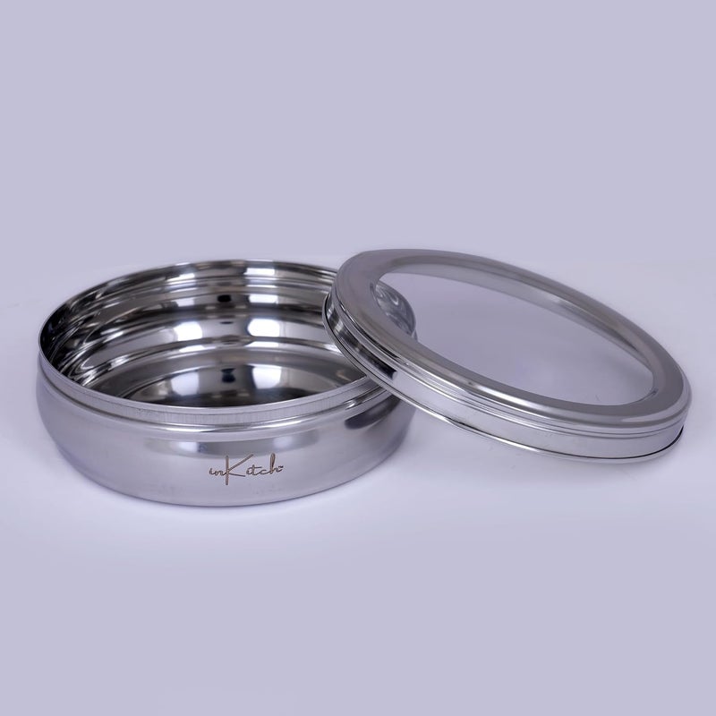 inKitch Stainless Steel Belly Shape Flat Canisters Puri Dabba Storage Containers Multipurpose ContainerOrganizer with See Through Lid 16cm Dia 11 Ltr - Image 4