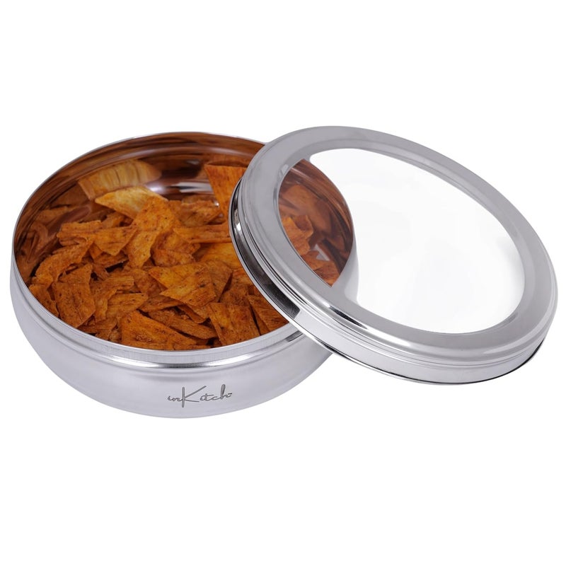 inKitch Stainless Steel Belly Shape Flat Canisters Puri Dabba Storage Containers Multipurpose ContainerOrganizer with See Through Lid 16cm Dia 11 Ltr - Image 1