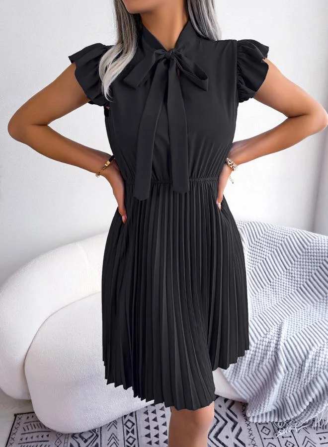 Take Two black Black Solid Ruffle Sleeve Pleated Mini Dress for Women | Best Price UAE