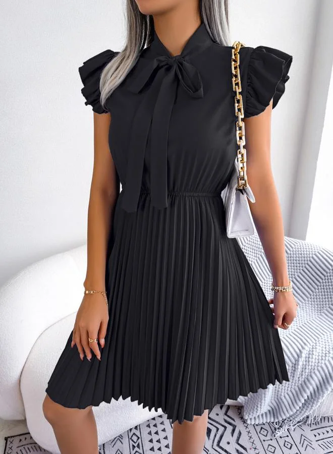Take Two black Black Solid Ruffle Sleeve Pleated Mini Dress for Women | Best Price UAE