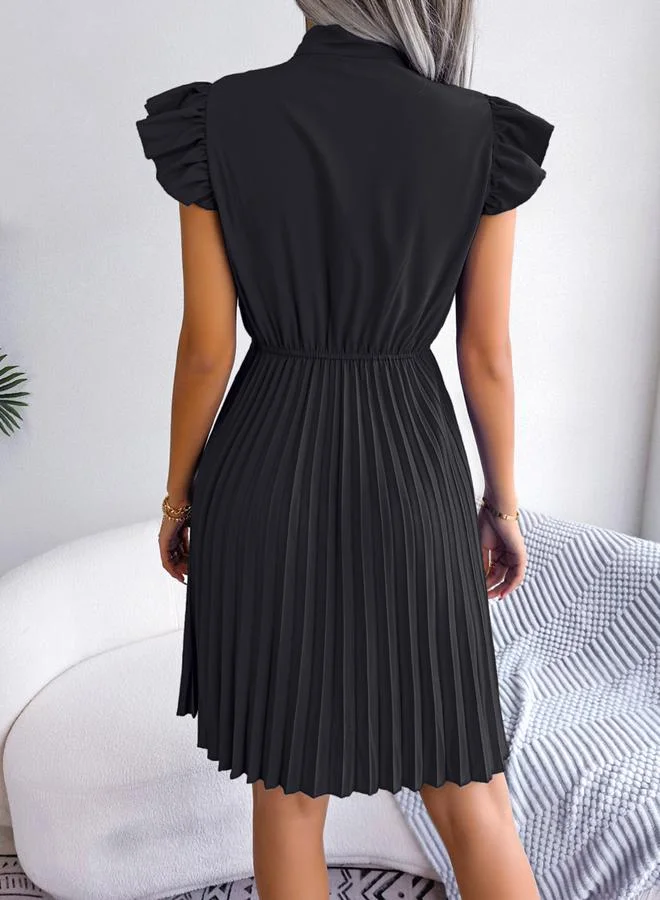 Take Two black Black Solid Ruffle Sleeve Pleated Mini Dress for Women | Best Price UAE