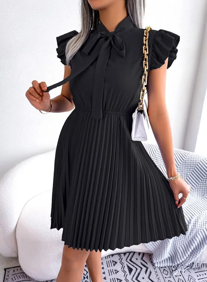 Take Two black Black Solid Ruffle Sleeve Pleated Mini Dress for Women | Best Price UAE
