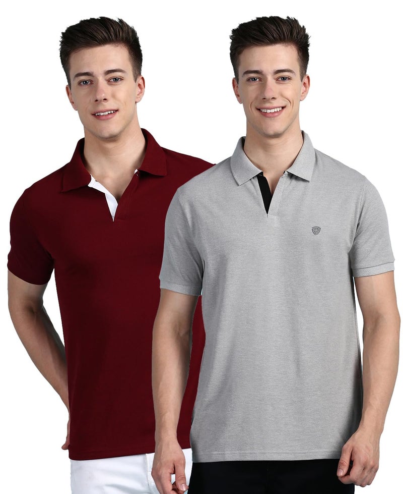 Lux Cozi Pack of 2 Maroon and Grey Melange Regular fit Half Sleeves Polo Neck T-Shirt for Men |Polo Casual Tshirt for Men | 100% Combed Cotton - Colour Fresh, Quick Dry, Ultra Soft (Size : XX-Large) - Image 1