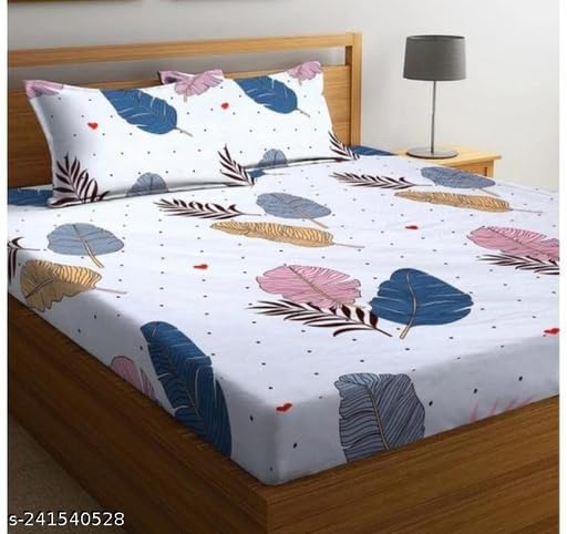 DECORUM Feel Glace Cotton Elastic Fitted Printed Double Bed Bedsheet with 2 Pillow Cover (White) - Image 1