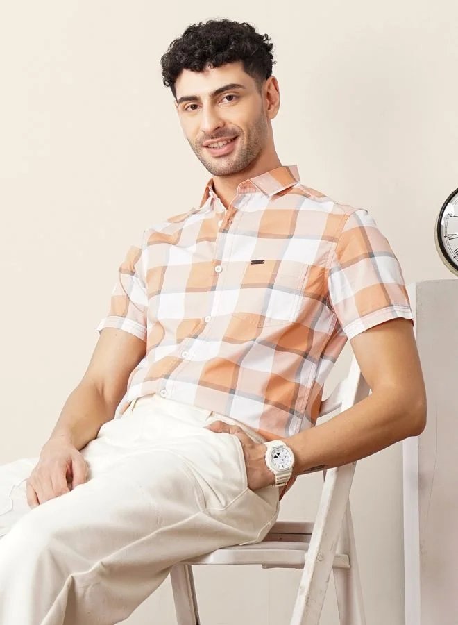 The Indian Garage Co Men Regular Fit Checkered Half Sleeves Cutaway Collar Casual Shirt