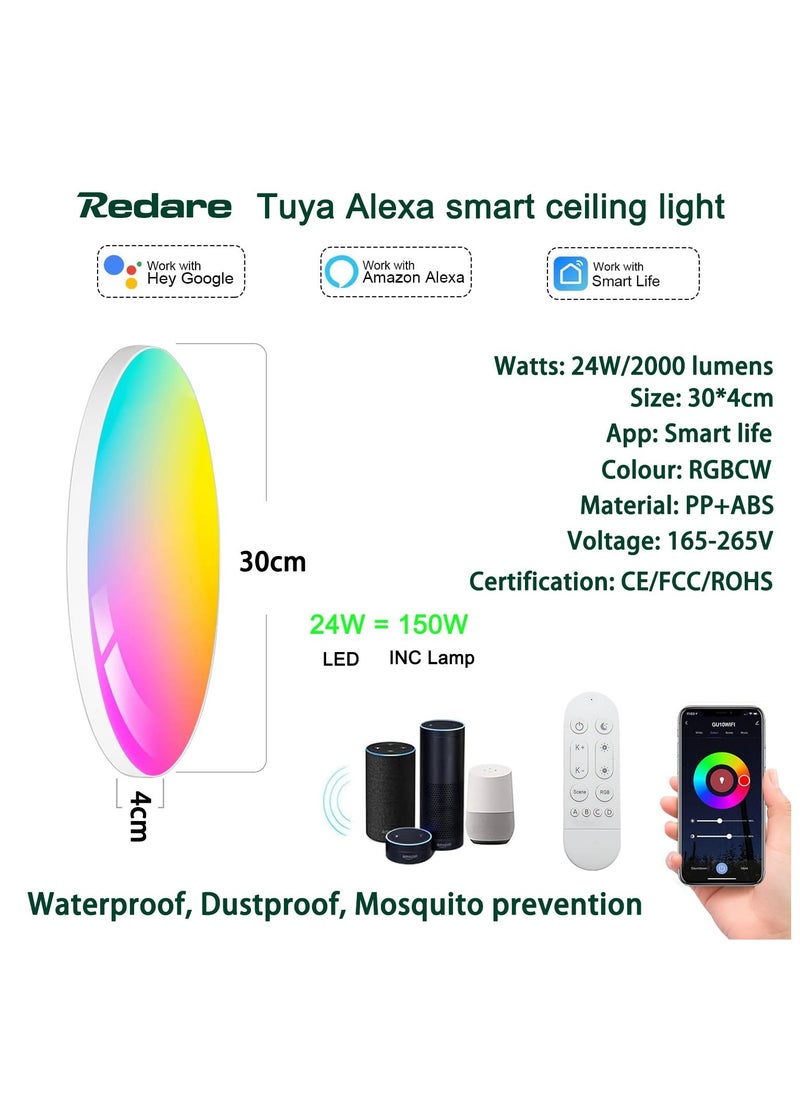 30cm 24W Smart RGB Wifi Ceiling Light, Dimmable LED Flush Mount Ceiling Light, Compatible with Alexa Google Home,Color Changing Ceiling Lamp for Bedroom Kitchen,White