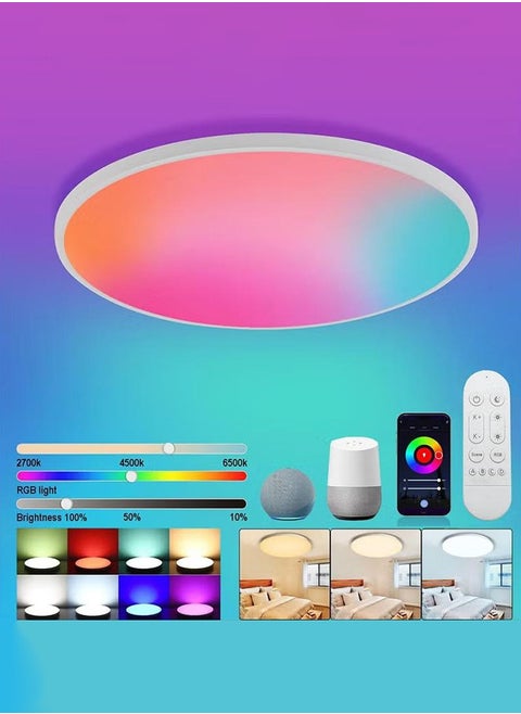30cm 24W Smart RGB Wifi Ceiling Light, Dimmable LED Flush Mount Ceiling Light, Compatible with Alexa Google Home,Color Changing Ceiling Lamp for Bedroom Kitchen,White