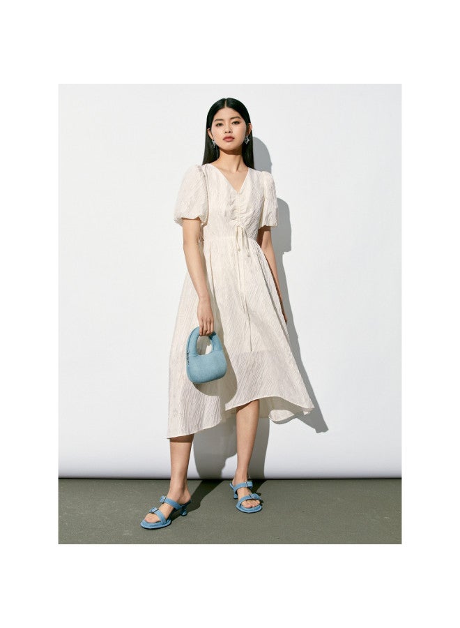Waxbird Summer Textured Resort Style Waist-cinching V-neck Puff Sleeve Dress For Women - Image 2