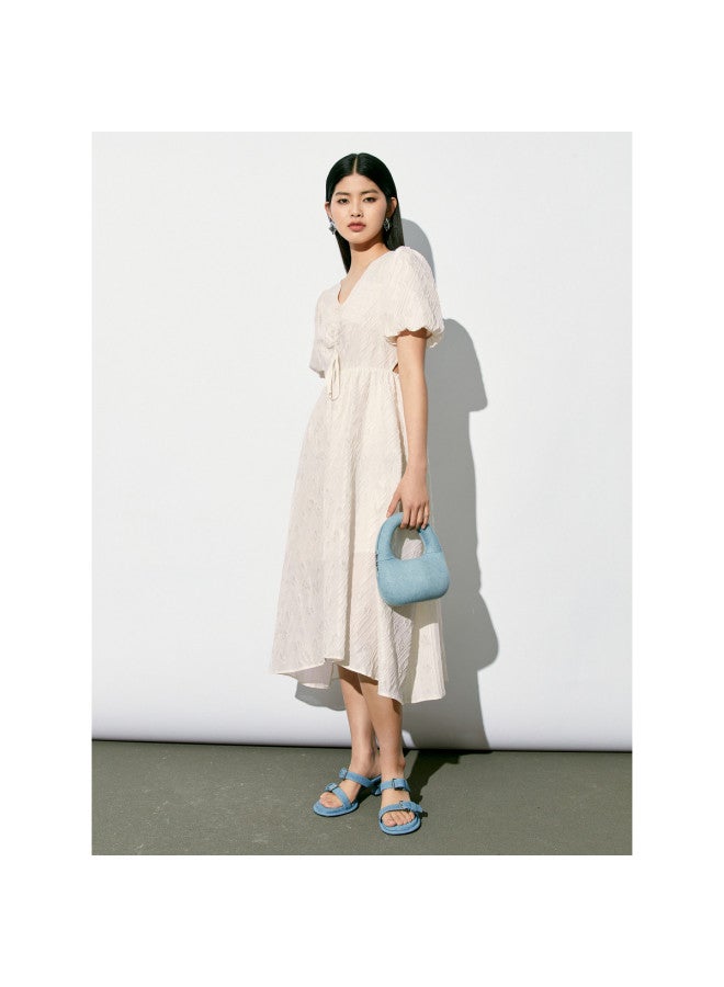 Waxbird Summer Textured Resort Style Waist-cinching V-neck Puff Sleeve Dress For Women - Image 3