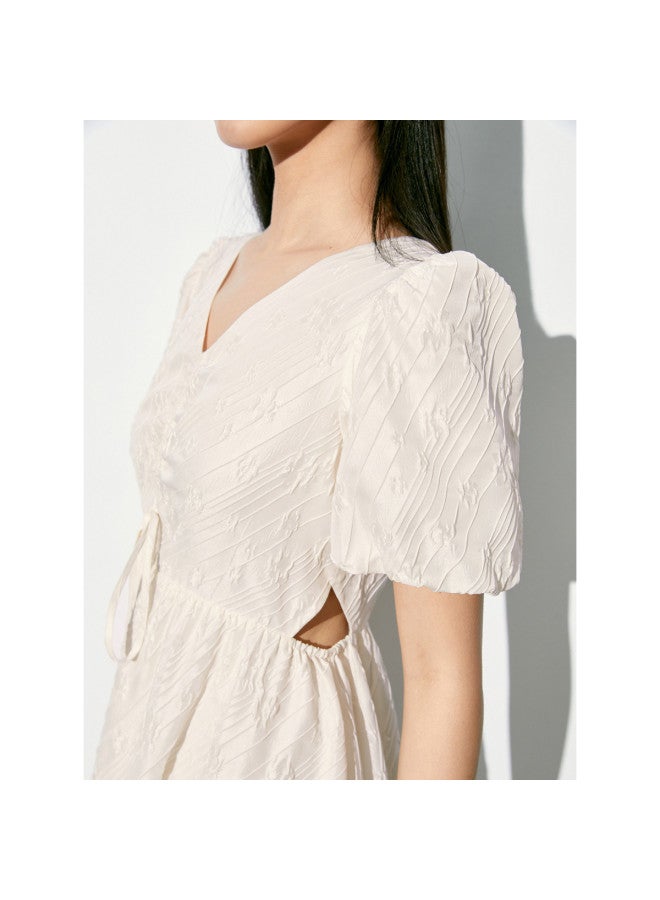 Waxbird Summer Textured Resort Style Waist-cinching V-neck Puff Sleeve Dress For Women - Image 5