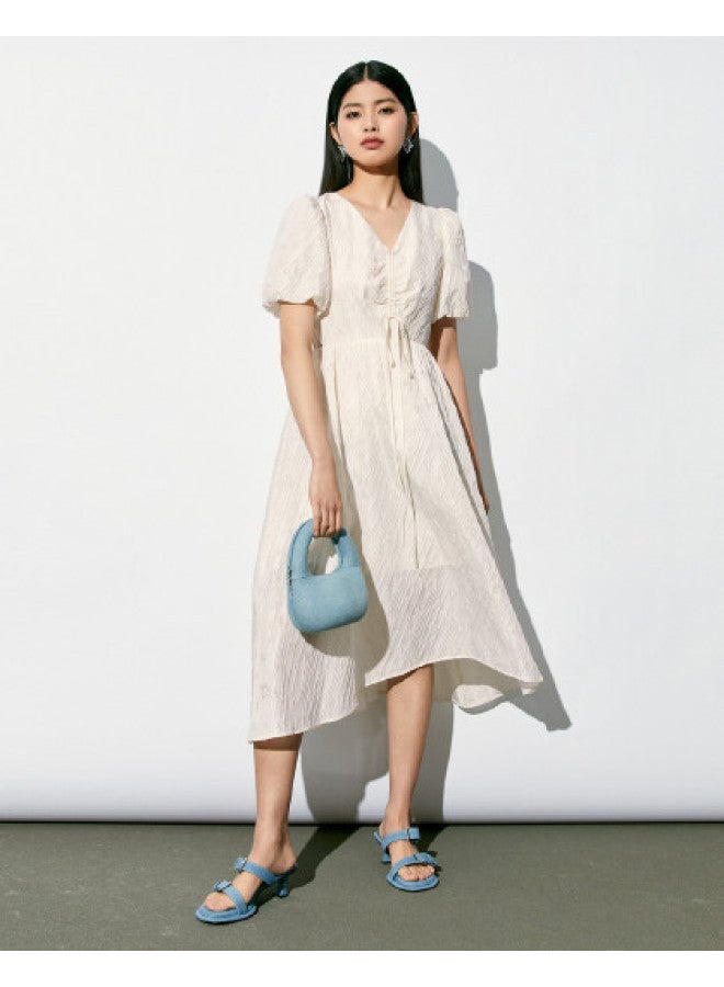 Waxbird Summer Textured Resort Style Waist-cinching V-neck Puff Sleeve Dress For Women - Image 1