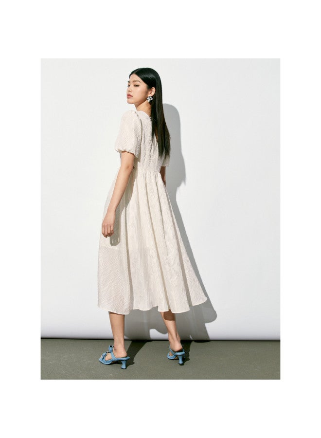 Waxbird Summer Textured Resort Style Waist-cinching V-neck Puff Sleeve Dress For Women - Image 4