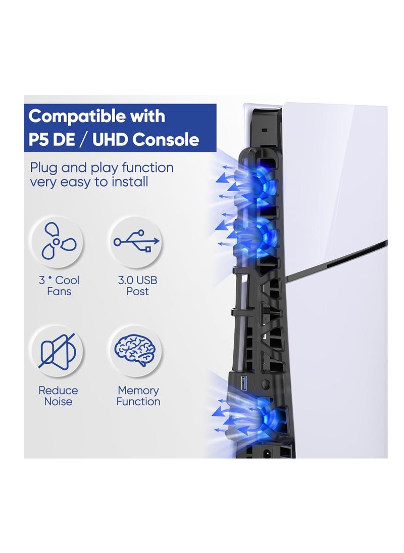 DOBE - Cooling Fan for PS5 Slim Console, Quiet Cooling System with Memory Function and LED Light, Cooler Accessories with 3 High-Speed Fans  USB 3.0 Port for PS5 Slim Digital & Discs Edition (Black) - Image 1