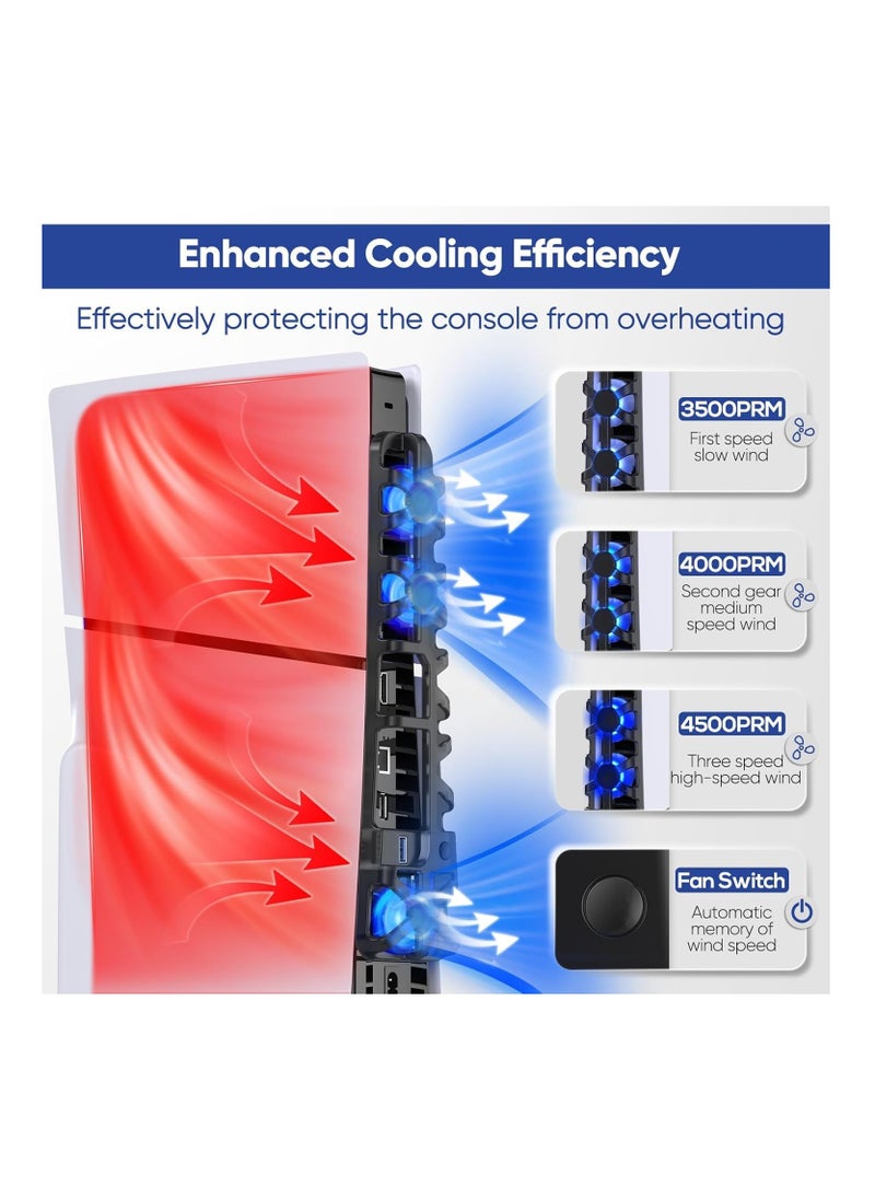 DOBE - Cooling Fan for PS5 Slim Console, Quiet Cooling System with Memory Function and LED Light, Cooler Accessories with 3 High-Speed Fans  USB 3.0 Port for PS5 Slim Digital & Discs Edition (Black) - Image 1