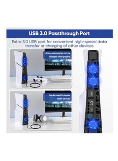 DOBE Cooling Fan for PS5 Slim Console, Quiet Cooling System with Memory Function and LED Light, Cooler Accessories with 3 High-Speed Fans  USB 3.0 Port for PS5 Slim Digital & Discs Edition (Black)  - Image 4