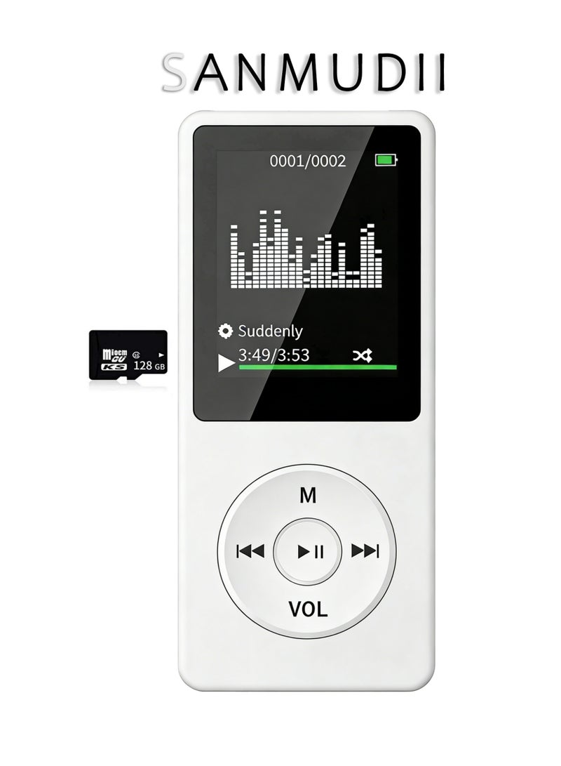 SANMUDII Bluetooth MP3 player, 128GB storage, 1.8-inch display, built-in speaker, FM radio support, voice recording, e-book compatibility. Specially designed for sports and running, it is a good holiday gift for classmates/reatives and friends/students. Portable media player (white) - Image 1