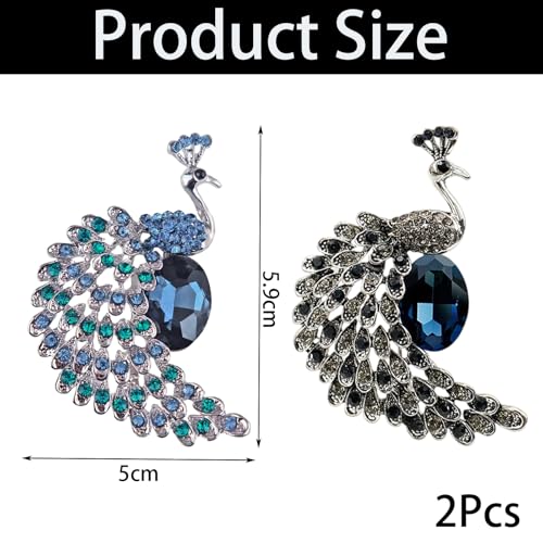 XFSAFDM 2pcs Rhinestone Peacock Brooch Pin for Women Girls Fashion Exquisite Exaggerated Big Crystal Bird Animal Brooches Lapel Pins Elegant Dress Accessories Wedding Christmas Birthday Jewelry Gift - Image 2