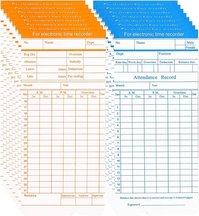 Flexzion Time Cards, Monthly Timesheet, Clock Timecard - 270 Pack, 6 Column 2-Sided Orange/Blue, Card for Time Punch Clock, Employee Attendance, Payroll Recorder, Small Business - Image 5