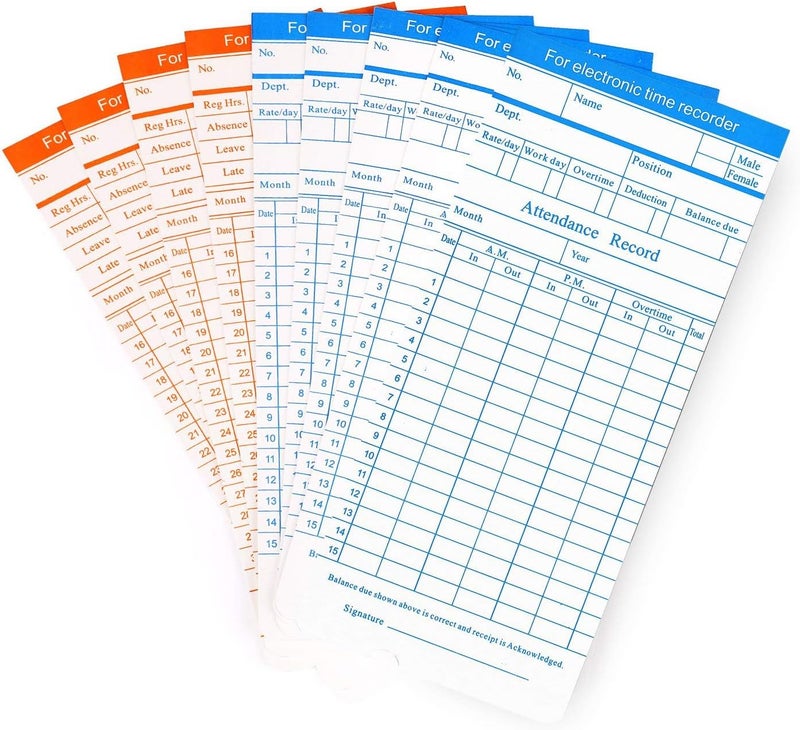 Flexzion Time Cards, Monthly Timesheet, Clock Timecard - 270 Pack, 6 Column 2-Sided Orange/Blue, Card for Time Punch Clock, Employee Attendance, Payroll Recorder, Small Business - Image 1