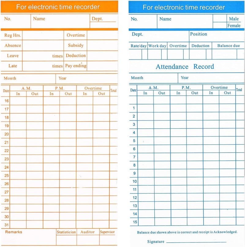 Flexzion Time Cards, Monthly Timesheet, Clock Timecard - 270 Pack, 6 Column 2-Sided Orange/Blue, Card for Time Punch Clock, Employee Attendance, Payroll Recorder, Small Business - Image 2