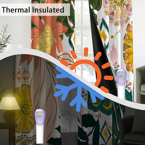 Tyrot White Boho Floral 100% Blackout Curtains for Living Room 84 inch Long 2 Panels Mid Century Botanical Black Out Curtains for Bedroom Grommet Thermal Insulated Room Darkening Window Drapes,52Wx84L - Image 4