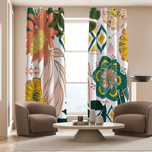 Tyrot White Boho Floral 100% Blackout Curtains for Living Room 84 inch Long 2 Panels Mid Century Botanical Black Out Curtains for Bedroom Grommet Thermal Insulated Room Darkening Window Drapes,52Wx84L - Image 2