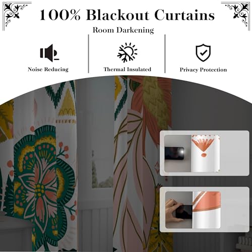 Tyrot White Boho Floral 100% Blackout Curtains for Living Room 84 inch Long 2 Panels Mid Century Botanical Black Out Curtains for Bedroom Grommet Thermal Insulated Room Darkening Window Drapes,52Wx84L - Image 3