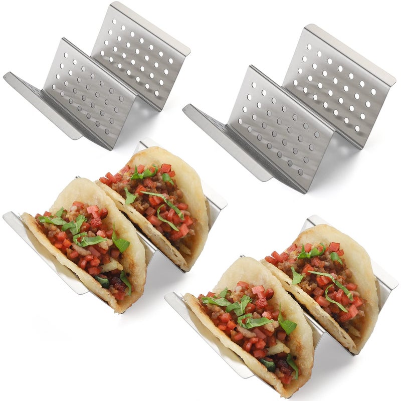 YellRin YellRin Taco Holders Stainless Steel Taco Holder Stands Set of 4 Each Taco Rack Holds 2 Soft  Hard Shell Tacos for Taco Rack Taco Shell Holder Taco Tray Oven Grill 4 