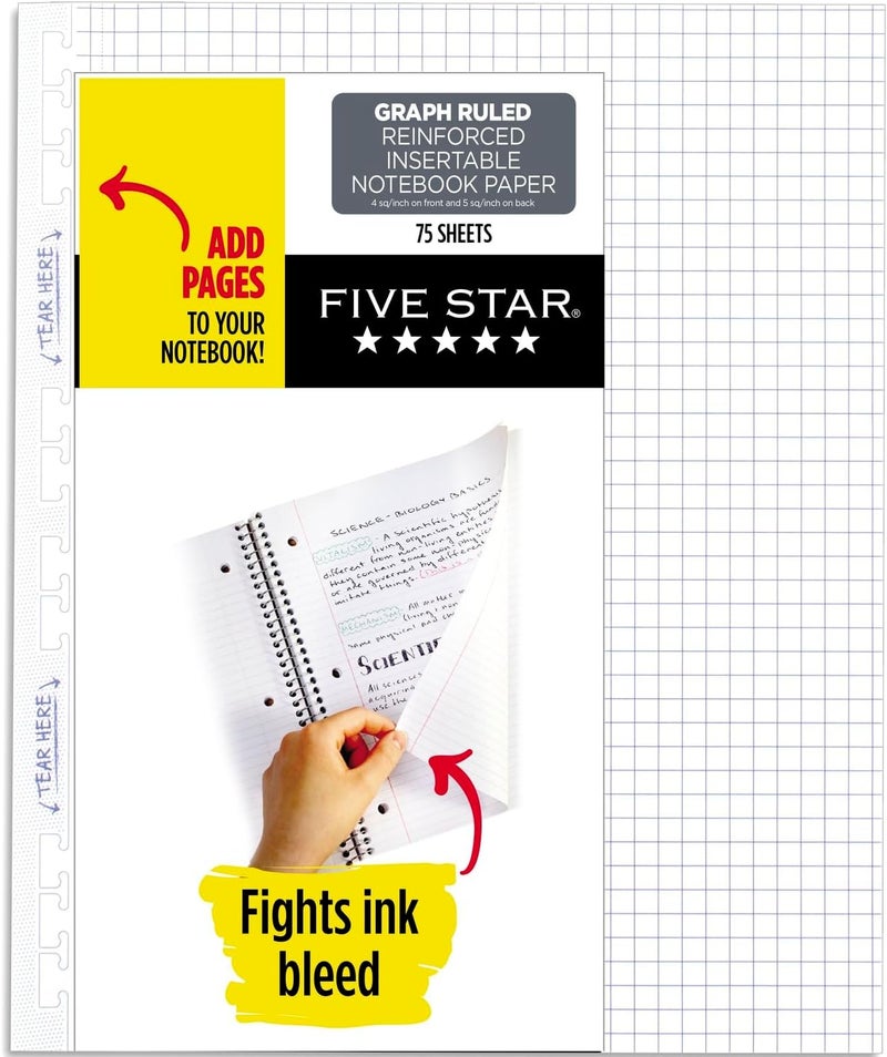 Five Star Reinforced Insertable Graph Ruled Notebook Paper, 6 Pack, White, 8.5 x 11, 75 Sheets per Pack - Image 1