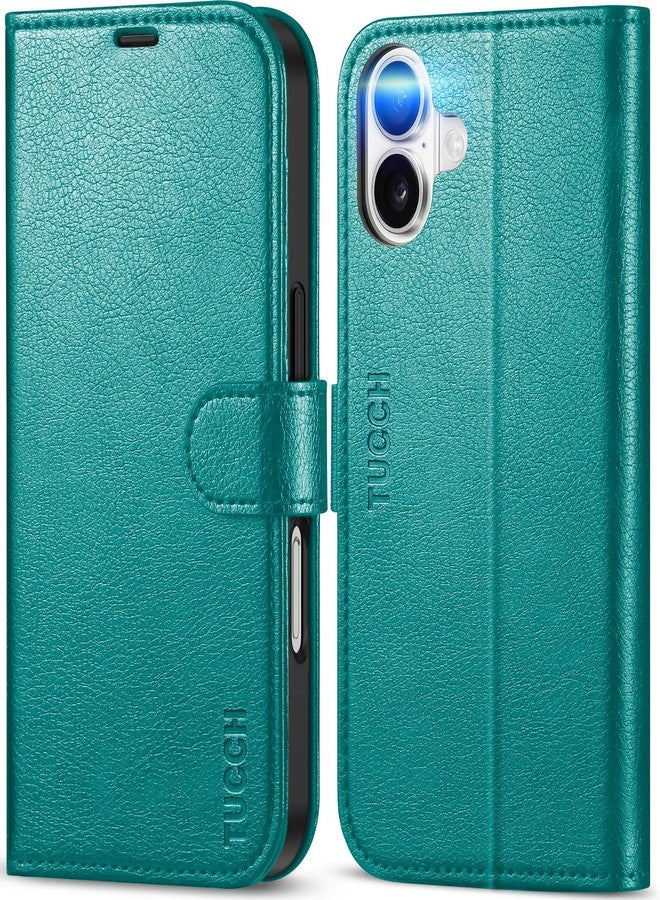 TUCCH Wallet Case for iPhone 16, [RFID Blocking] 4 Card Holder Kickstand [Shockproof TPU Interior Case] PU Leather Magnetic Closure Protective Flip Cover Compatible with iPhone 16 5G 2024, Cyan - Image 1