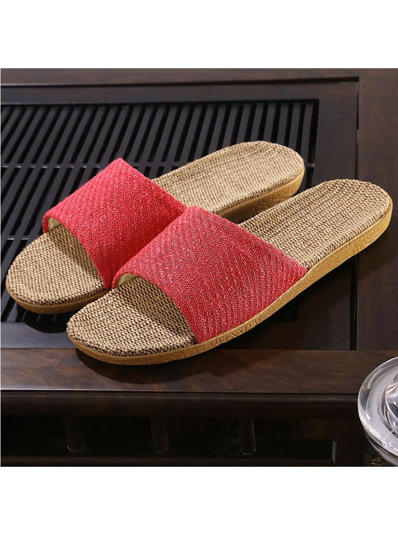 Loquat Flax Slippers Linen Slippers No Slip Indoor Slippers Open Toe Rose Red 