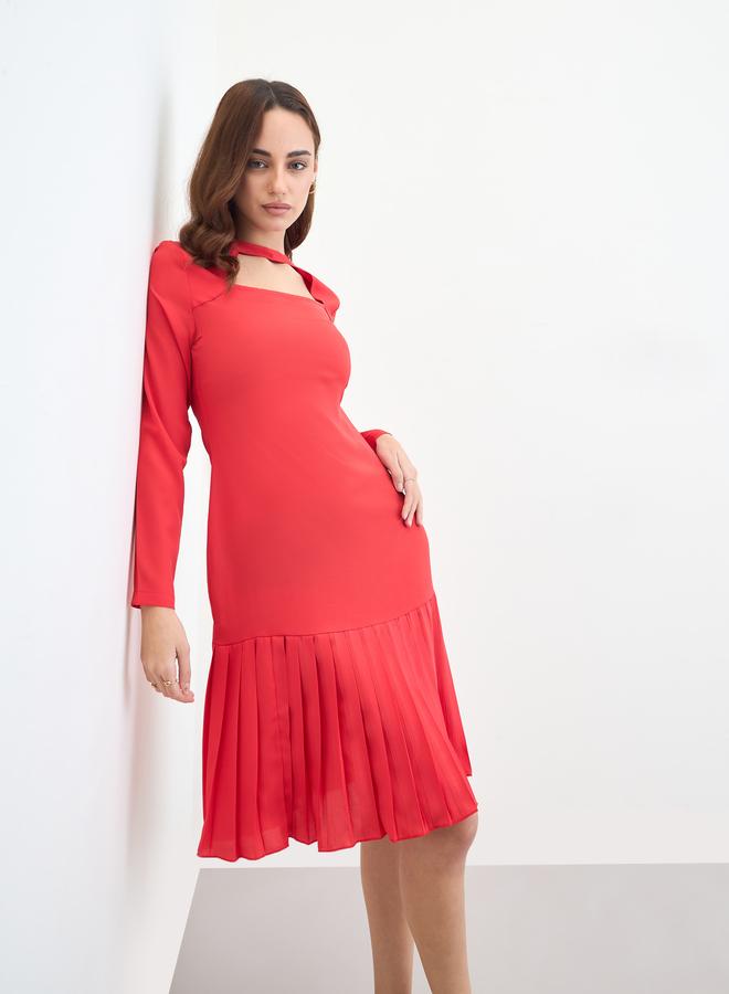 ستايلي فستان بكسرات وأكمام طويلة بطول الركبة - Image 1