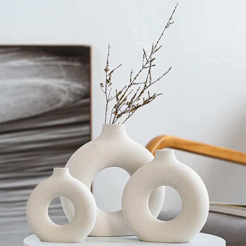 QLOFEI White Ceramic Vases Set 3 for Modern Home Decor,Round Matte Pampas Flower Vases Minimalist Nordic Boho Ins Style for Wedding Dinner Table Party Living Room Office Bedroom, Decorative Gift - Image 1