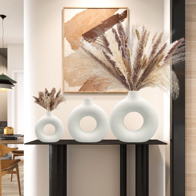 QLOFEI White Ceramic Vases Set 3 for Modern Home Decor,Round Matte Pampas Flower Vases Minimalist Nordic Boho Ins Style for Wedding Dinner Table Party Living Room Office Bedroom, Decorative Gift - Image 4