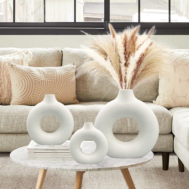 QLOFEI White Ceramic Vases Set 3 for Modern Home Decor,Round Matte Pampas Flower Vases Minimalist Nordic Boho Ins Style for Wedding Dinner Table Party Living Room Office Bedroom, Decorative Gift - Image 3