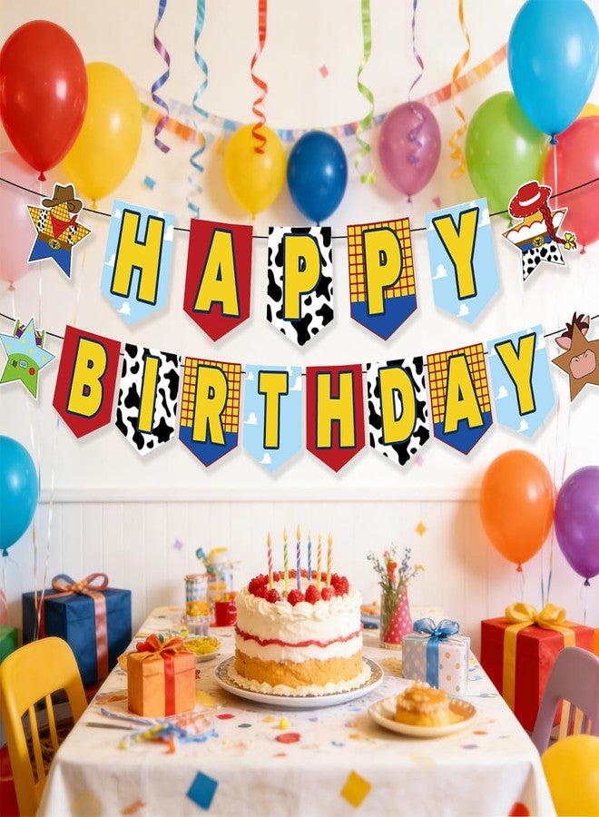 Ou Rui Large Birthday Banner for Kids Adults - Cartoon Toy Themed Party Paper Banner with Bright Colors, Easy to Hang Happy Birthday Decoration for Home Party, Birthday Celebration (Yellow and Blue) - Image 2