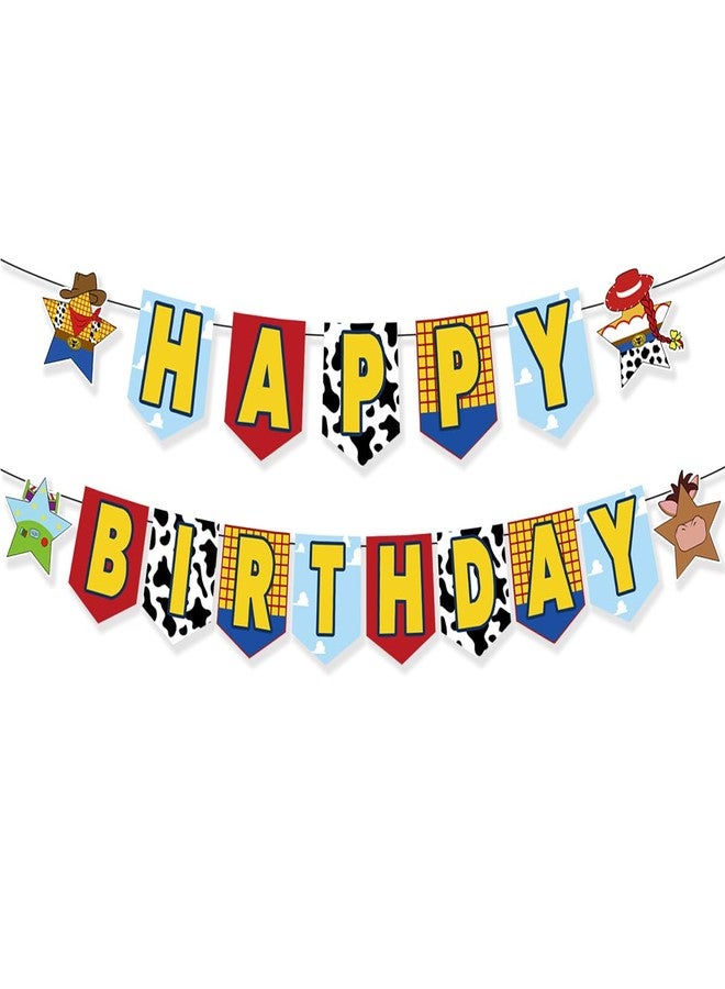 Ou Rui Large Birthday Banner for Kids Adults - Cartoon Toy Themed Party Paper Banner with Bright Colors, Easy to Hang Happy Birthday Decoration for Home Party, Birthday Celebration (Yellow and Blue) - Image 1
