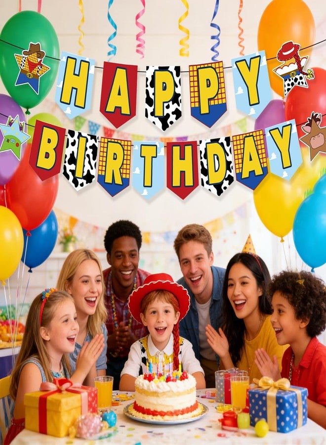 Ou Rui Large Birthday Banner for Kids Adults - Cartoon Toy Themed Party Paper Banner with Bright Colors, Easy to Hang Happy Birthday Decoration for Home Party, Birthday Celebration (Yellow and Blue) - Image 3