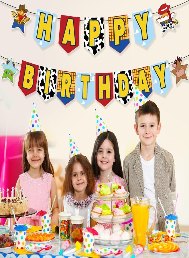 Ou Rui Large Birthday Banner for Kids Adults - Cartoon Toy Themed Party Paper Banner with Bright Colors, Easy to Hang Happy Birthday Decoration for Home Party, Birthday Celebration (Yellow and Blue) - Image 5