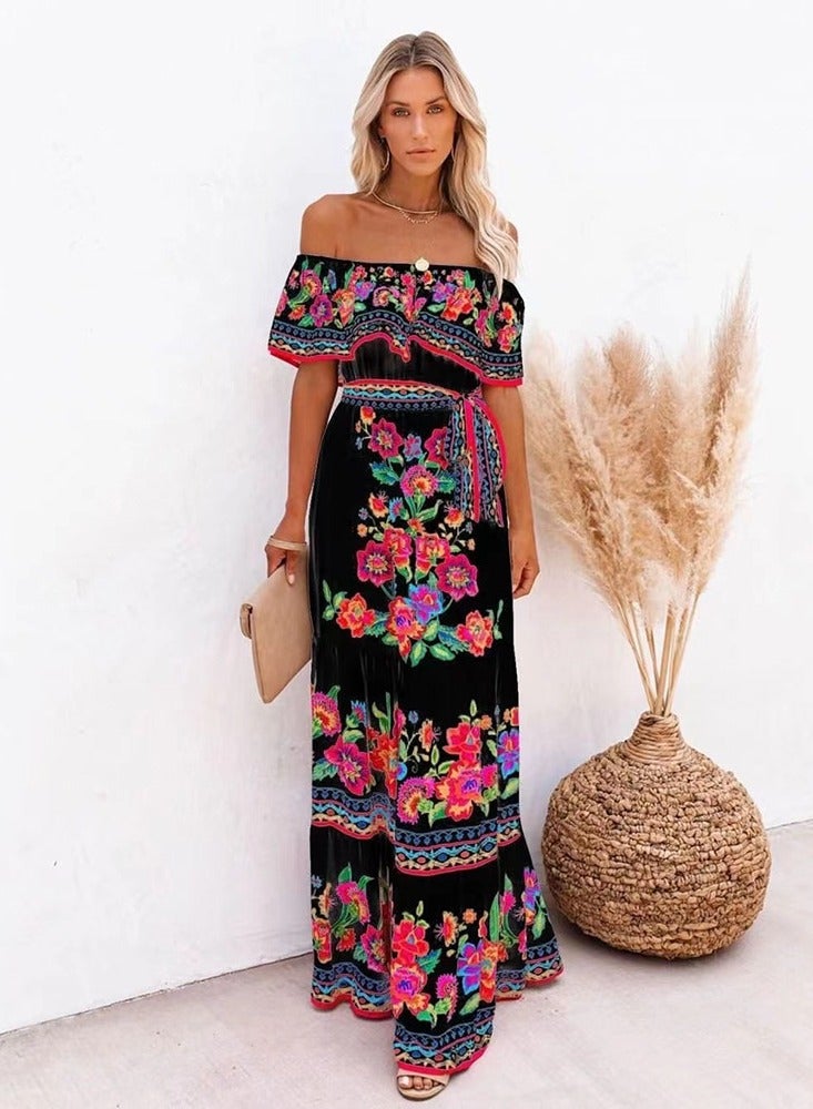 NIBEMINENT A One-shoulder Printed Long Skirt Dress With A Large Hem For Women - Image 1