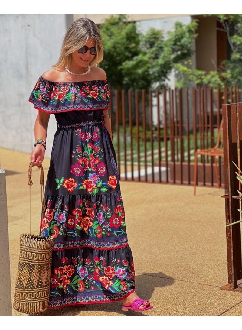 NIBEMINENT A One-shoulder Printed Long Skirt Dress With A Large Hem For Women - Image 4