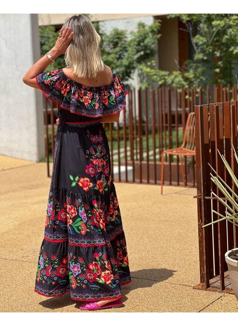 NIBEMINENT A One-shoulder Printed Long Skirt Dress With A Large Hem For Women - Image 3