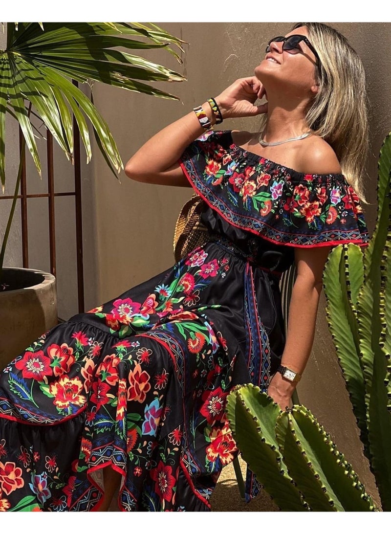 NIBEMINENT A One-shoulder Printed Long Skirt Dress With A Large Hem For Women - Image 5