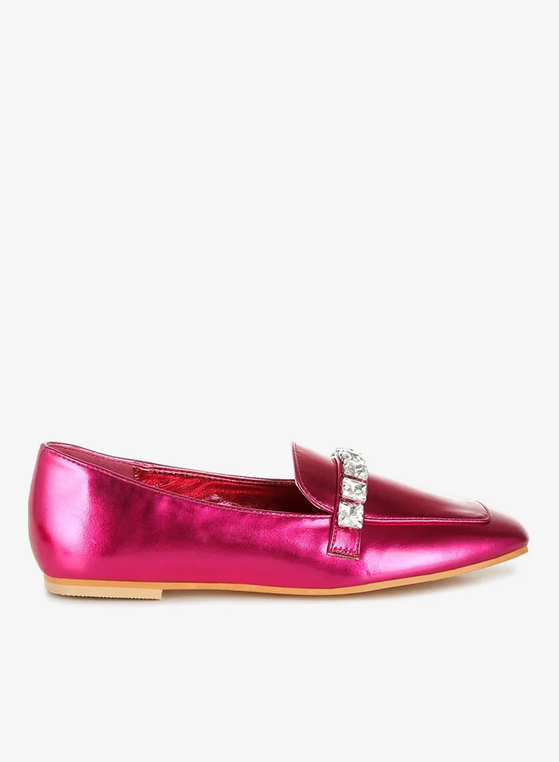 Metallic Diamante Strap Loafers in Fuchsia
