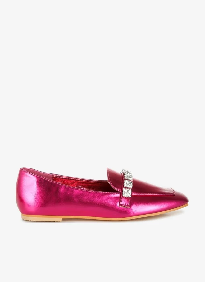 Metallic Diamante Strap Loafers in Fuchsia