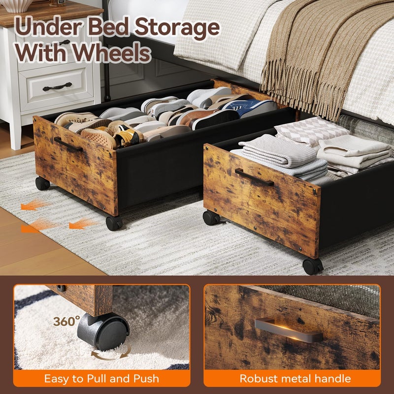 FOUCSSOMEI Under Bed Storage with Wheels, Wooden Under Bed Drawers On Wheels, Rolling Under Bed Shoe Storage, Space Saving, Rustic Brown,90L - Image 3