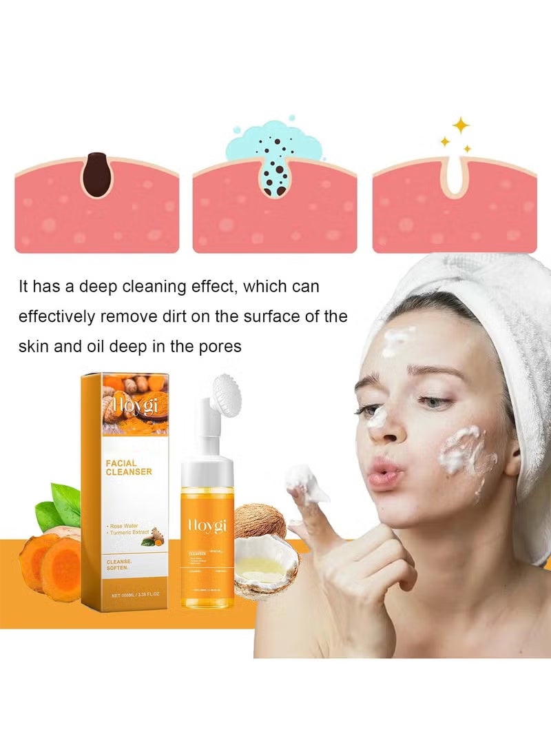 Hoygi Turmeric Face Wash with Brush, Turmeric Foaming Facial Cleanser for All Skin, 3.38 Fl Oz/pcs - Image 4