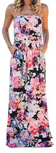 PRIMODA Womens Strapless Tube Top Maxi Dress Floral Boho Beach Dress with Pockets(S BlackRed 3#) - Image 1